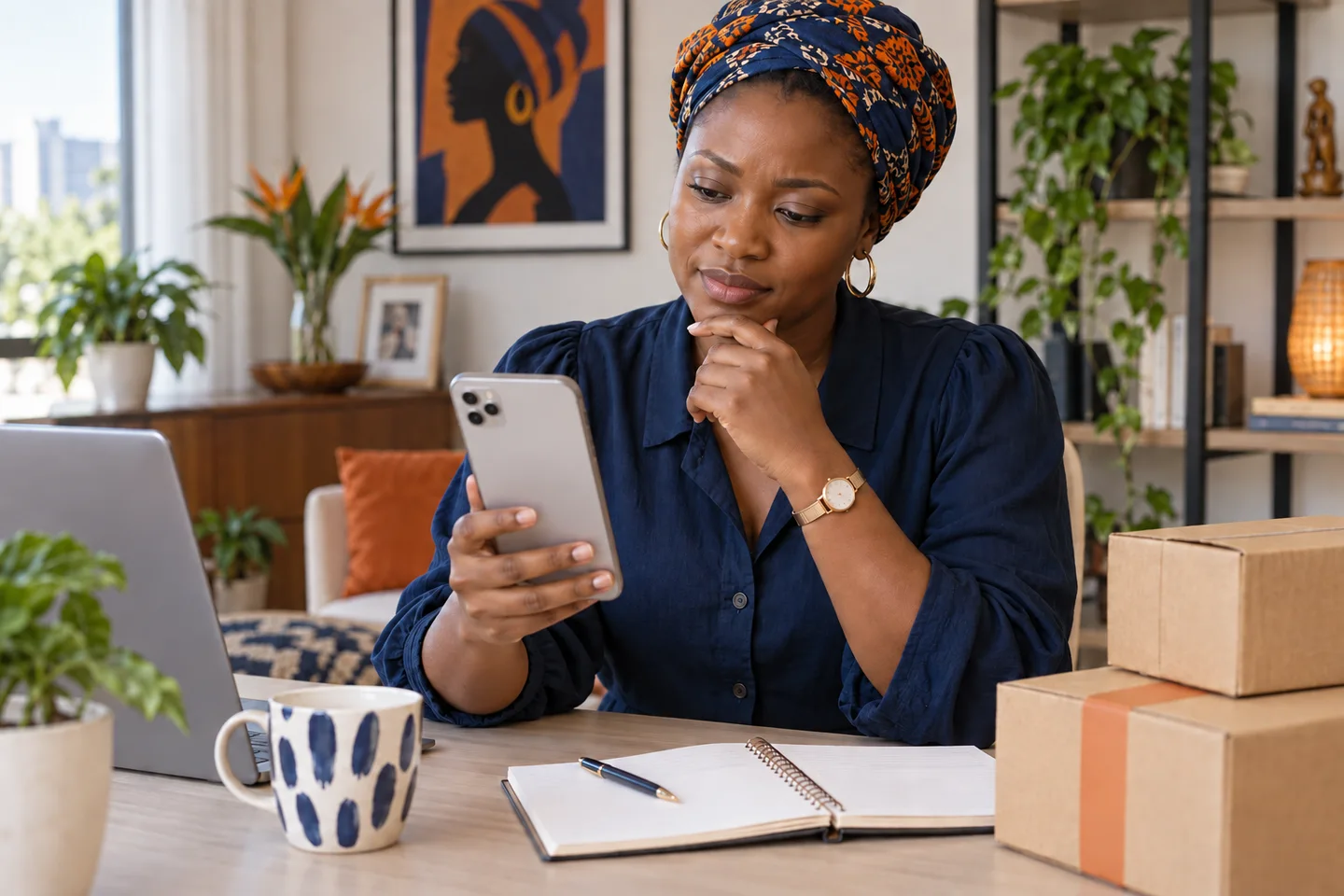 A woman considers which product to choose while looking at her phone