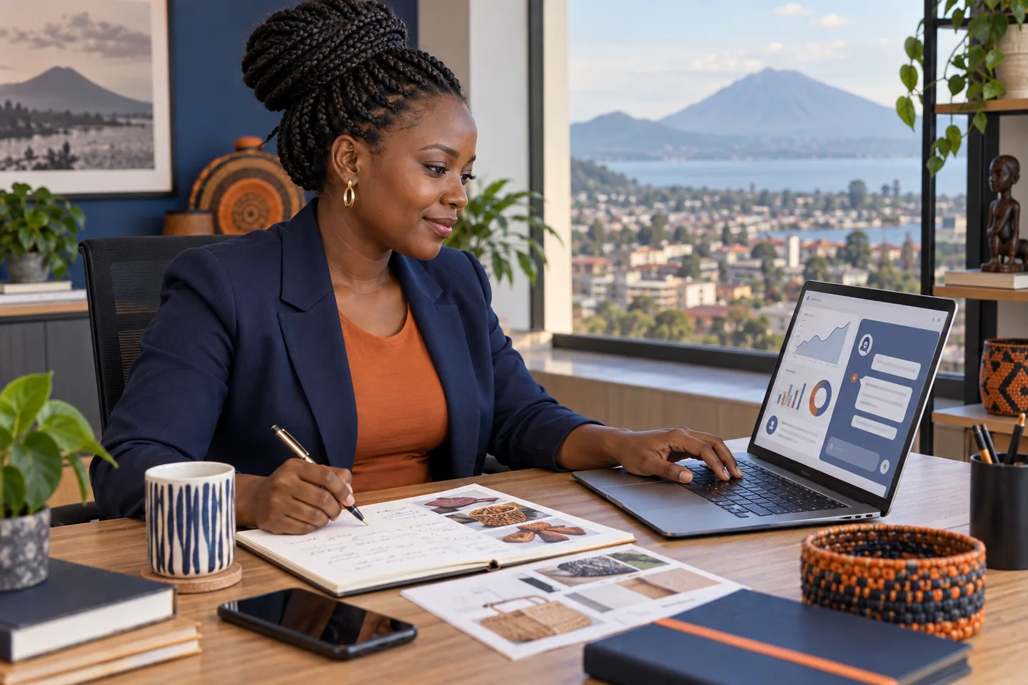 An entrepreneur uses digital and artificial intelligence tools on her laptop