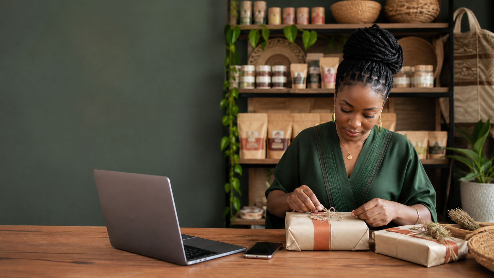 Entrepreneure préparant une commande e-commerce