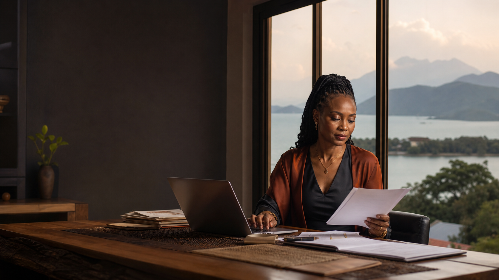 Professionnelle travaillant depuis un bureau avec vue sur Goma