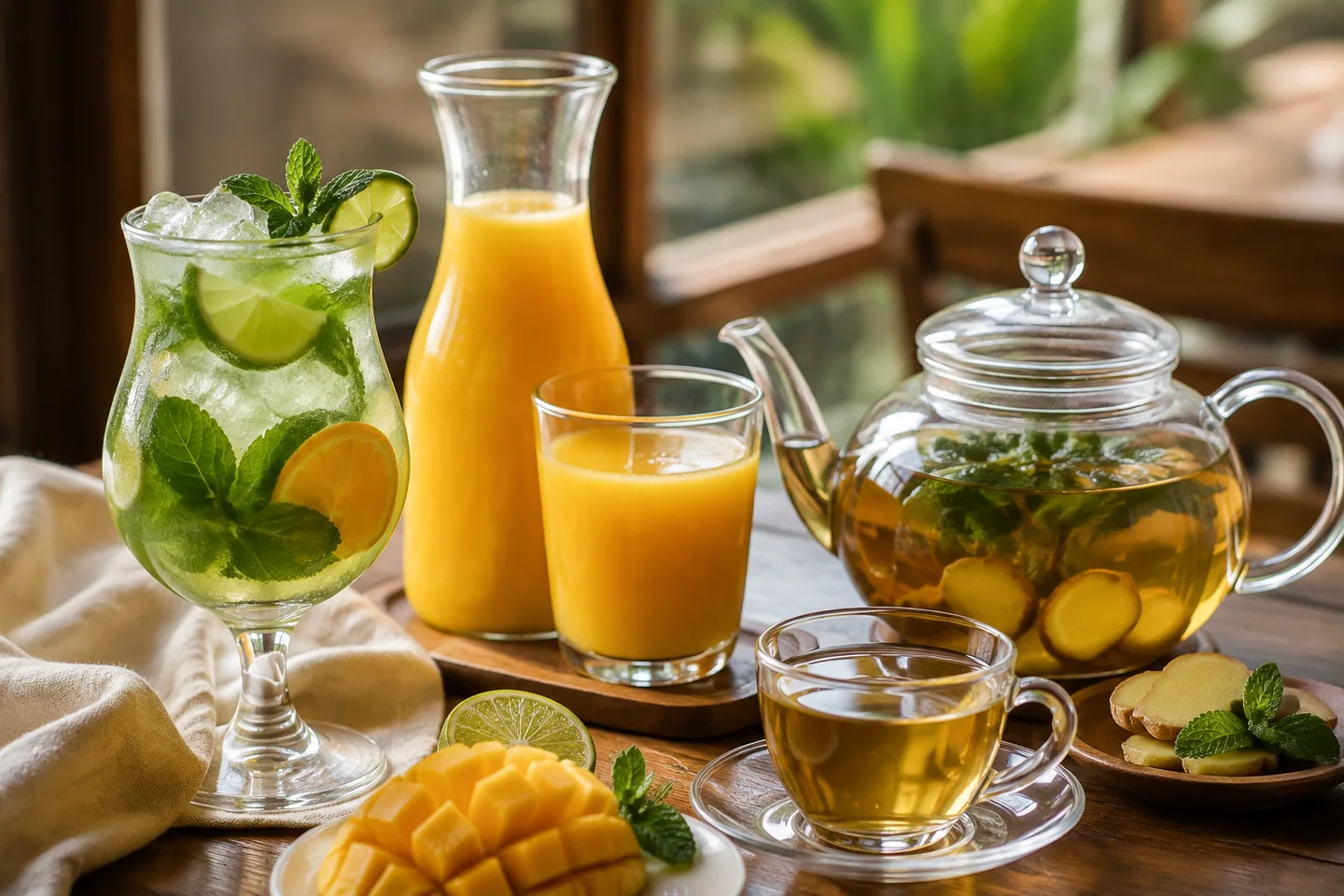 Un cocktail aux agrumes, du jus de fruits naturel et du thé artisanal servis sur une table de café