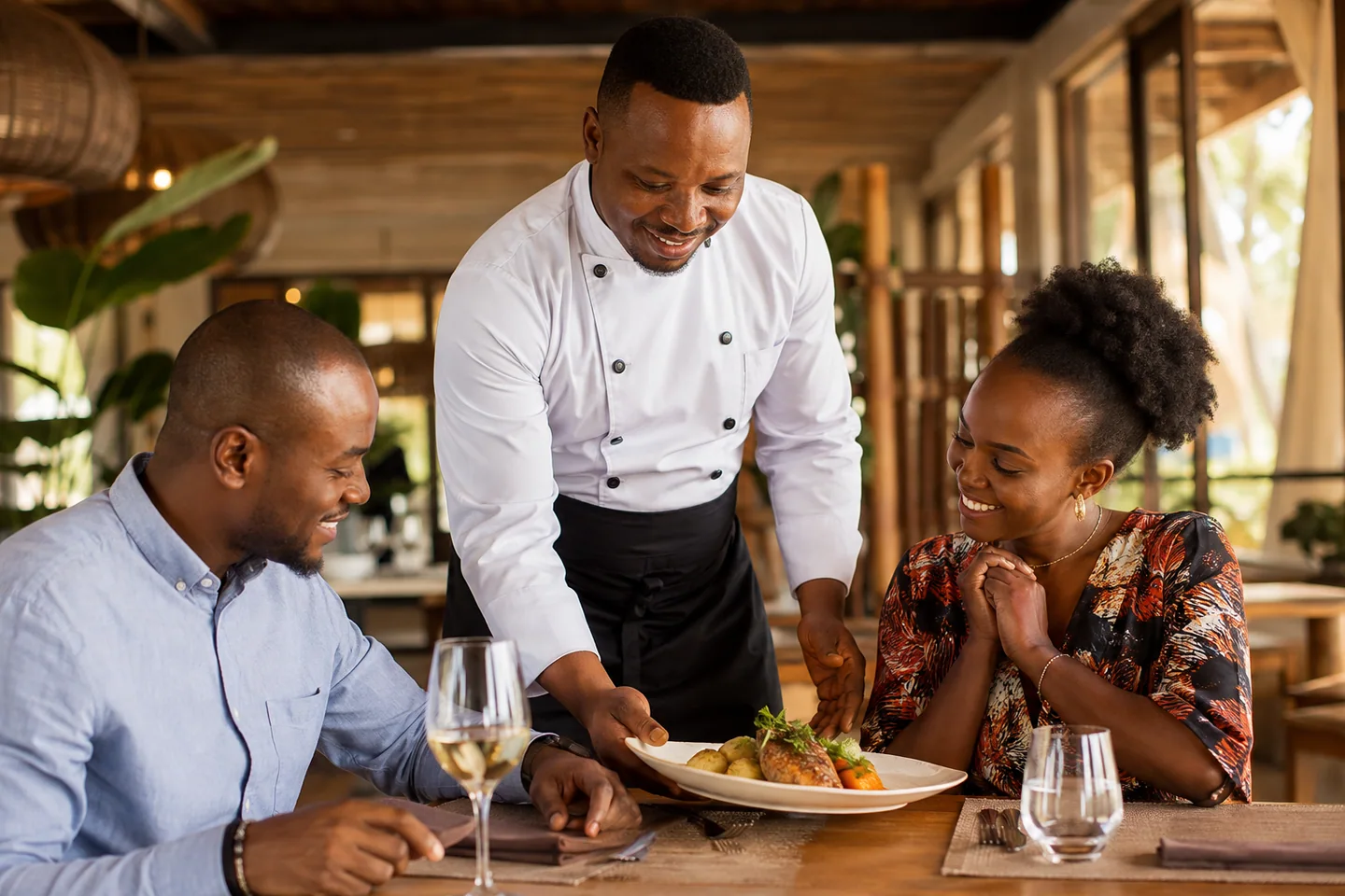 Un chef cuisinier souriant sert un repas à table avec attention et chaleur