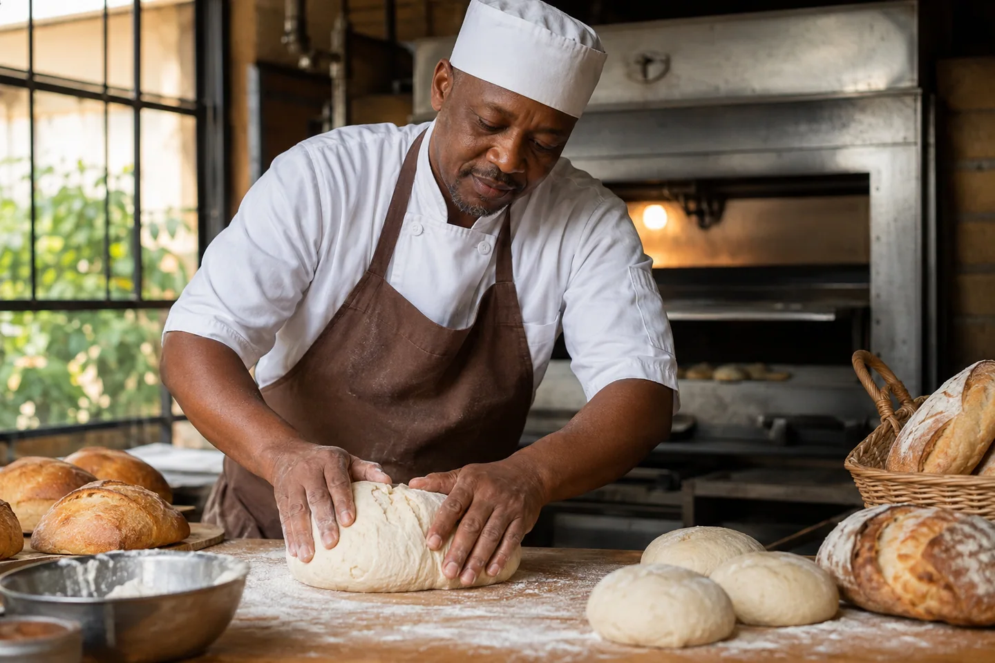Un maître boulanger-pâtissier professionnel façonne la pâte à pain à la main dans son atelier