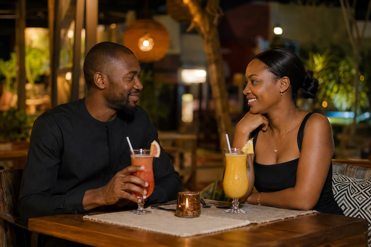 Un homme et une femme discutent en amoureux autour d’un verre au restaurant