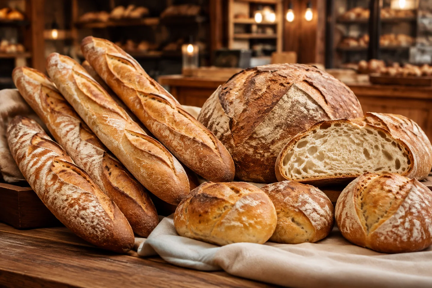 Pains artisanaux dorés, baguettes et petits pains sur un comptoir de boulangerie