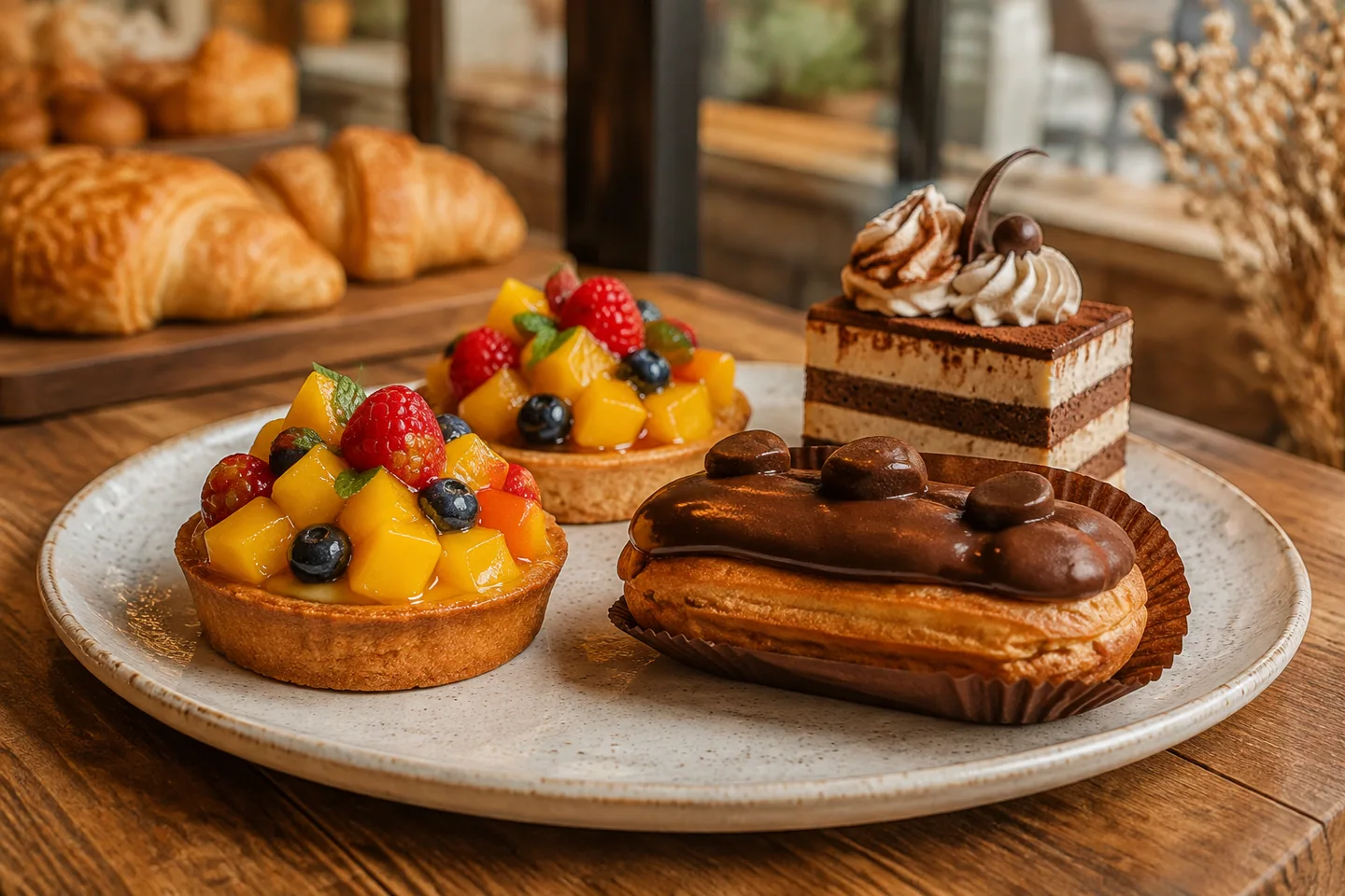 Tartelettes aux fruits, éclair au chocolat et gâteau pâtissier artisanal