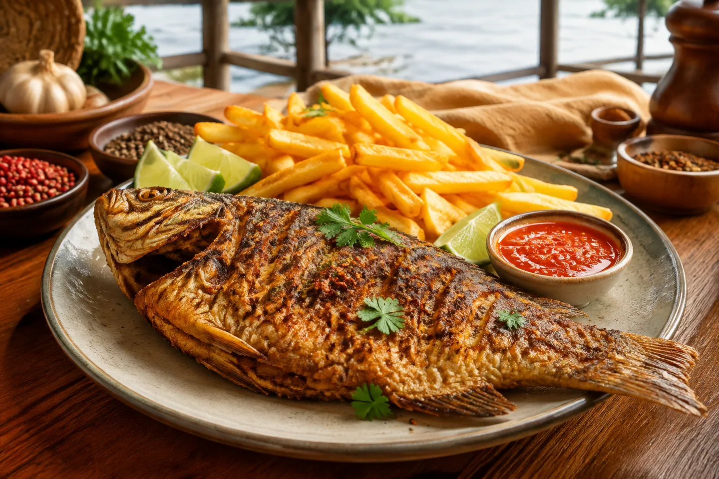 Une assiette de poisson doré et de frites, accompagnés d’herbes, d’agrumes et d’épices