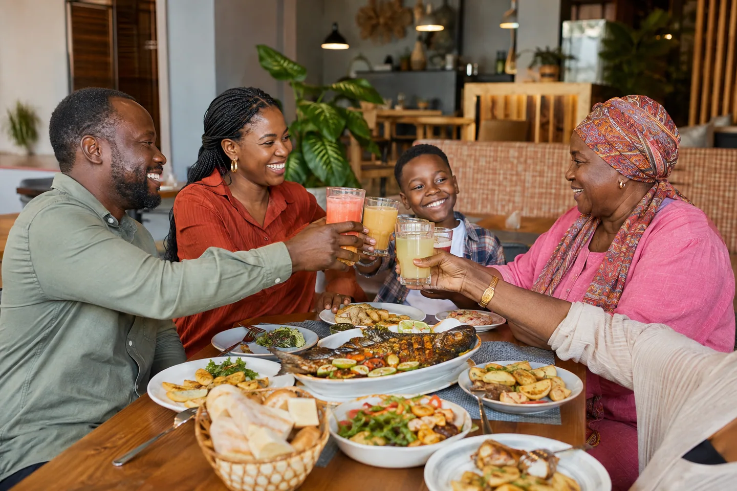Une famille trinque avec des jus de fruits autour d’une table garnie de repas à partager