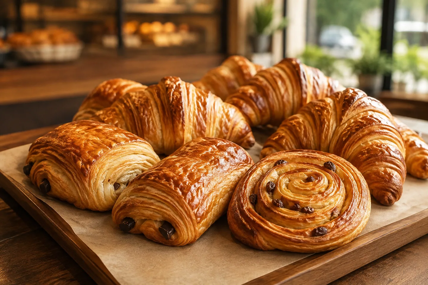Croissants, pains au chocolat et pains aux raisins fraîchement cuits