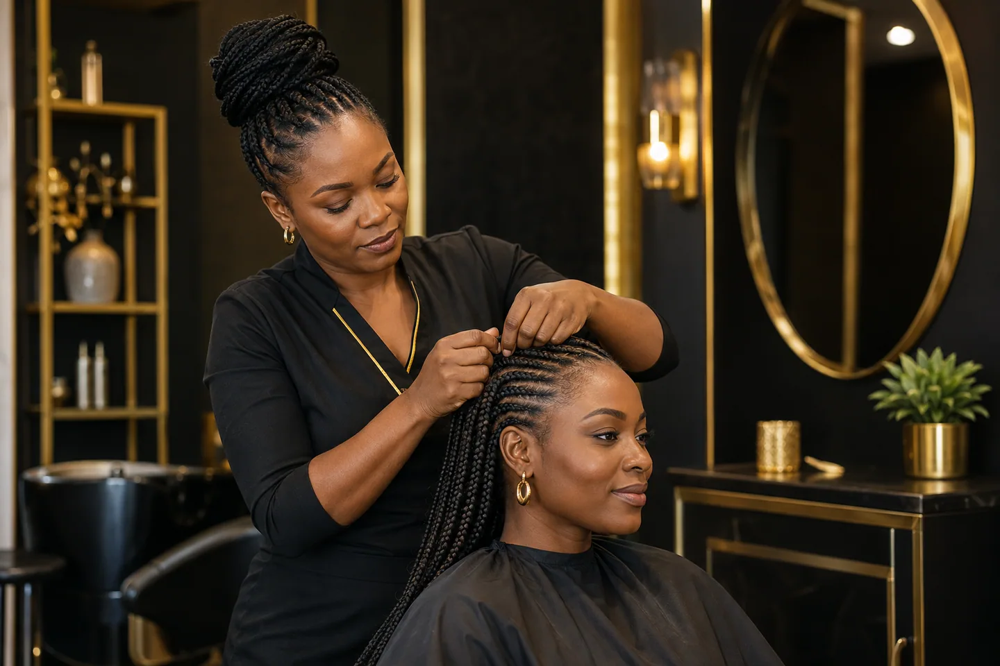 A hairstylist carefully braiding a woman’s hair