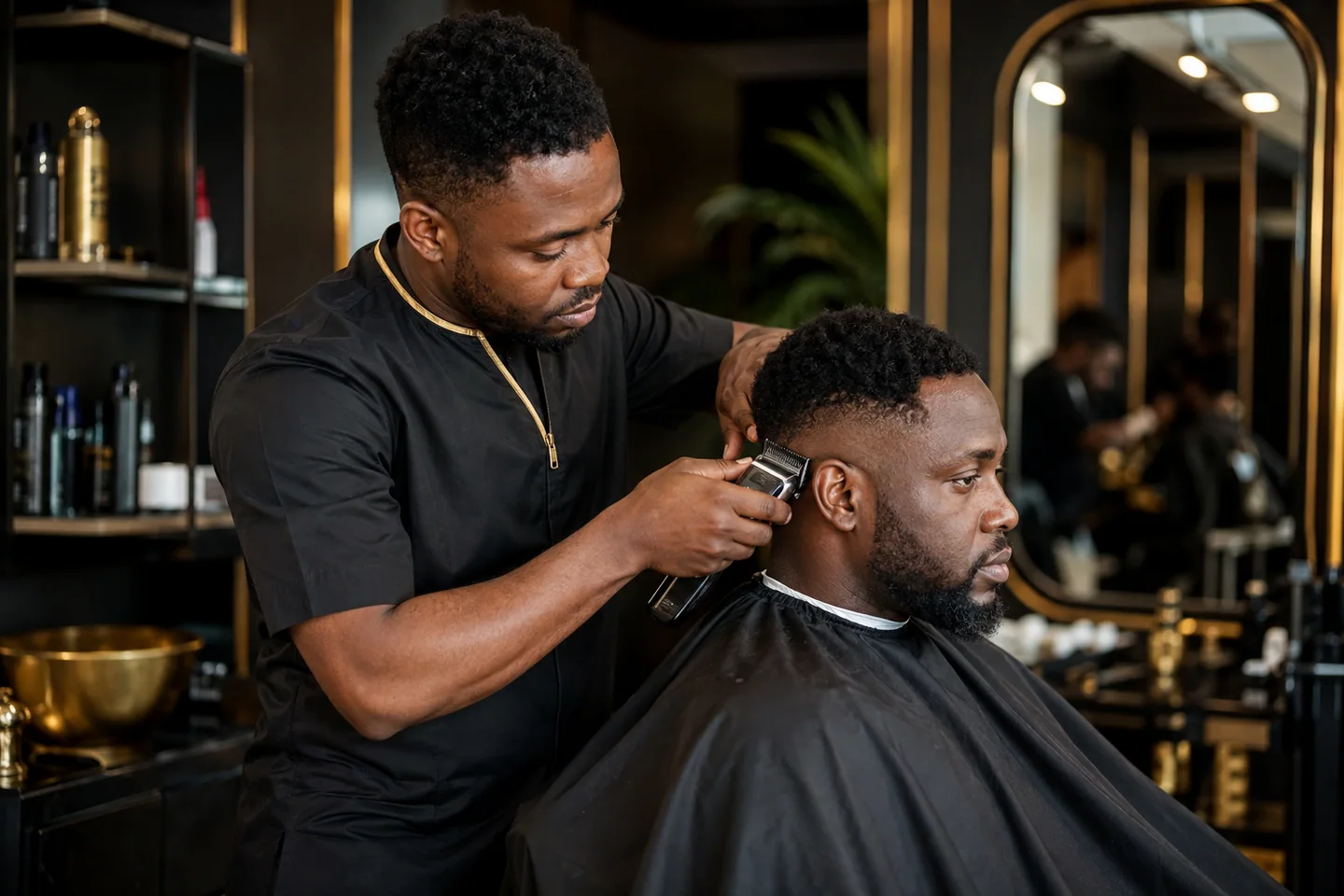 A barber creating a precise haircut for a male client